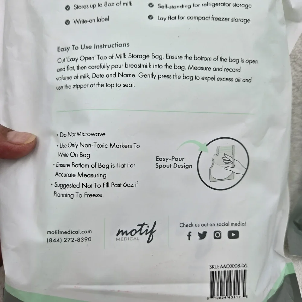 Lot of 2 Motif Medical Breastmilk Storage Bags 8 oz 100 Count BPA Free 200 Bags